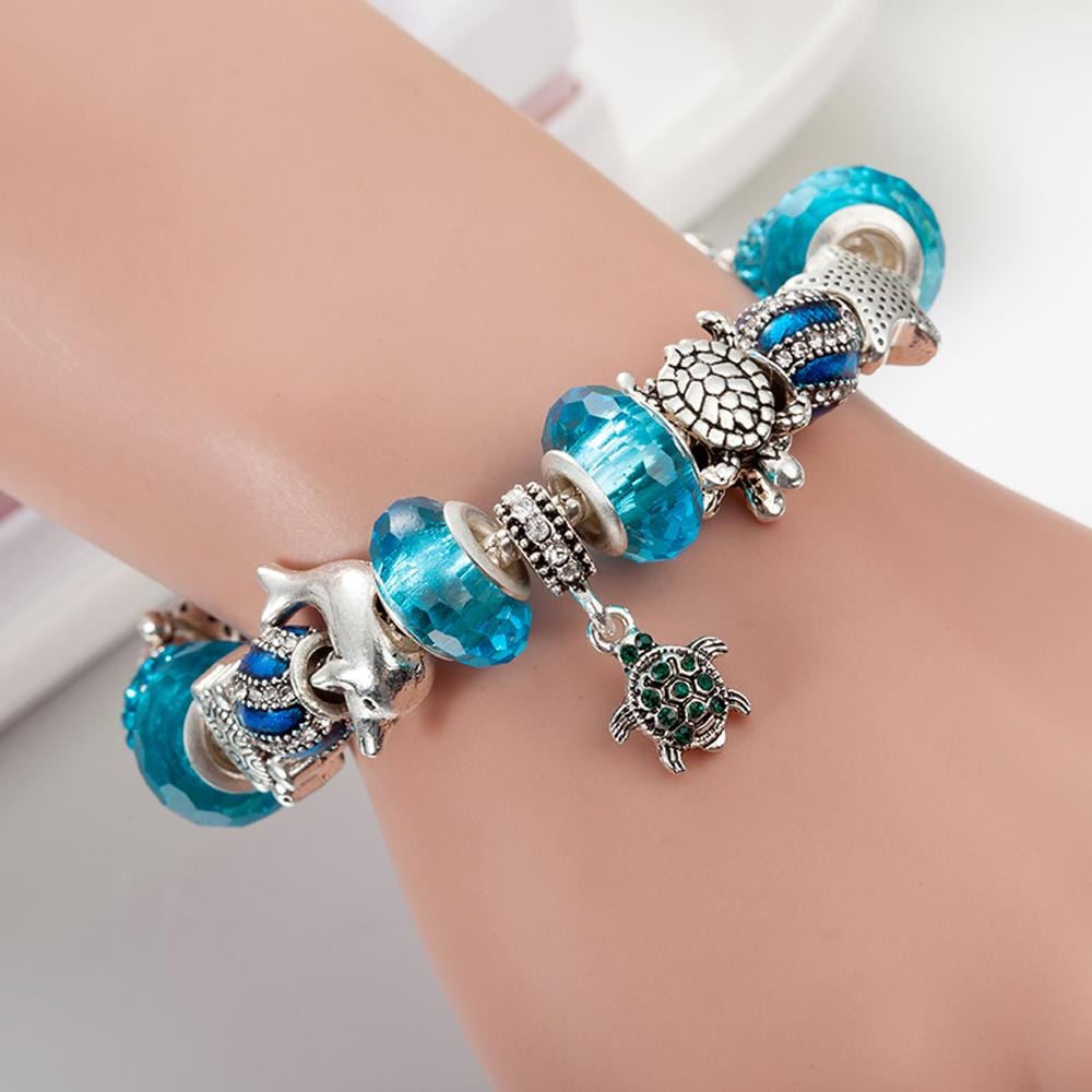 Pandora Inspired Full Set Beaded Charm Bracelet - Blue