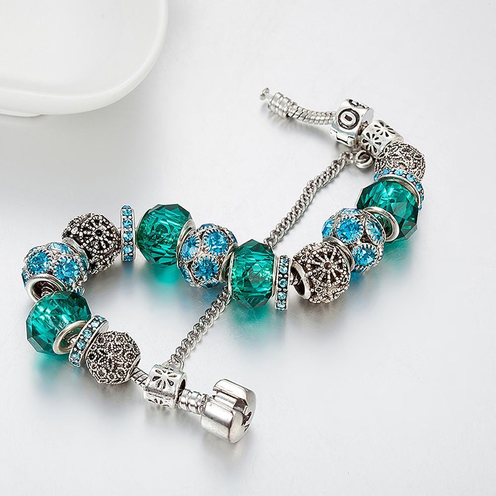 Pandora Inspired Full Set Beaded Charm Bracelet - Teal