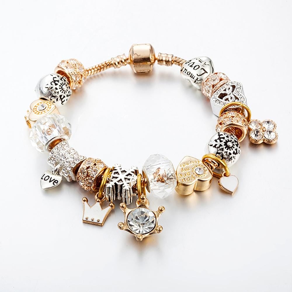 Pandora Inspired Full Set Beaded Charm Bracelet White/ Gold