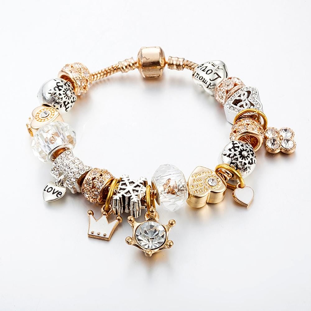 Pandora Inspired Full Set Beaded Charm Bracelet - White/ Gold