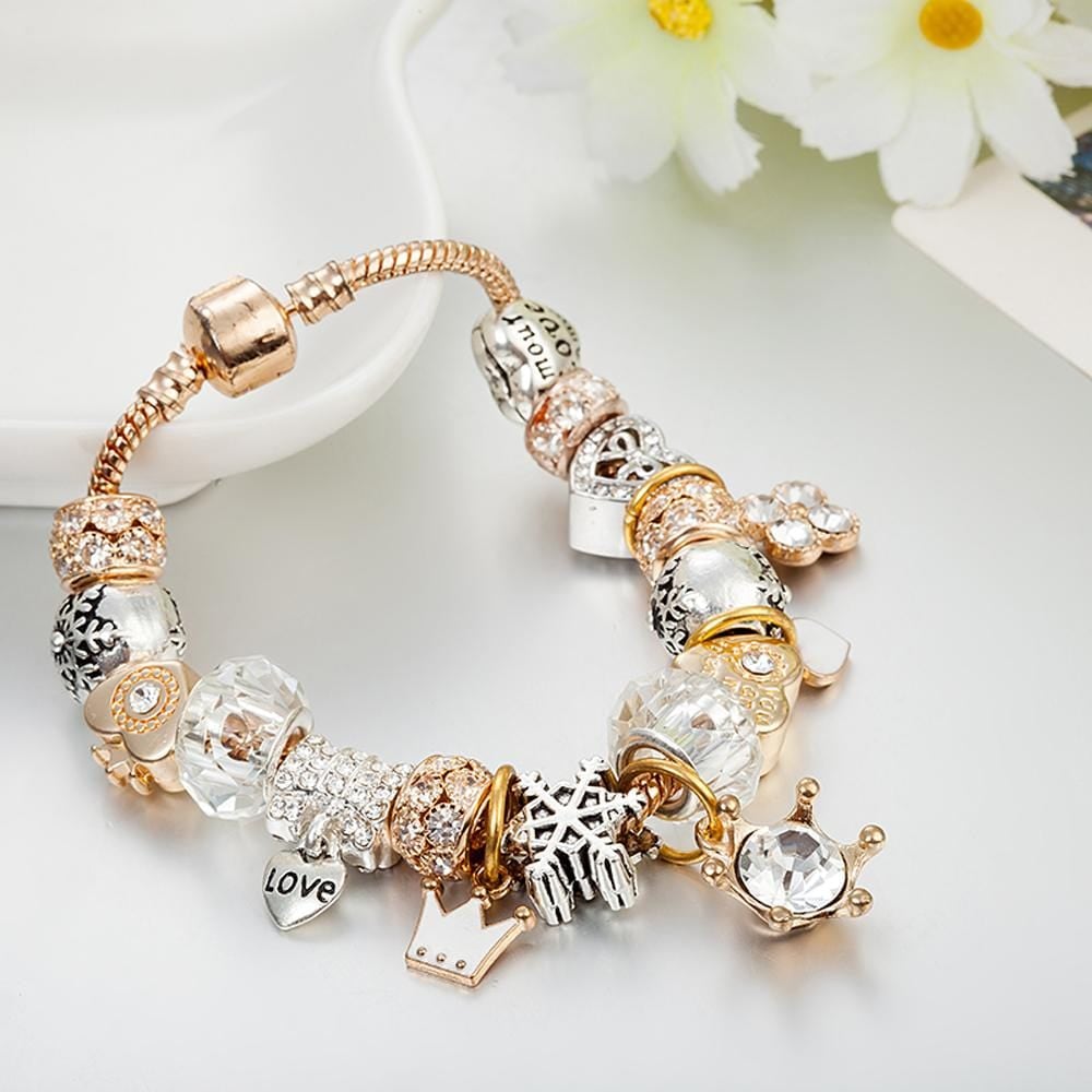 Pandora Inspired Full Set Beaded Charm Bracelet - White/ Gold