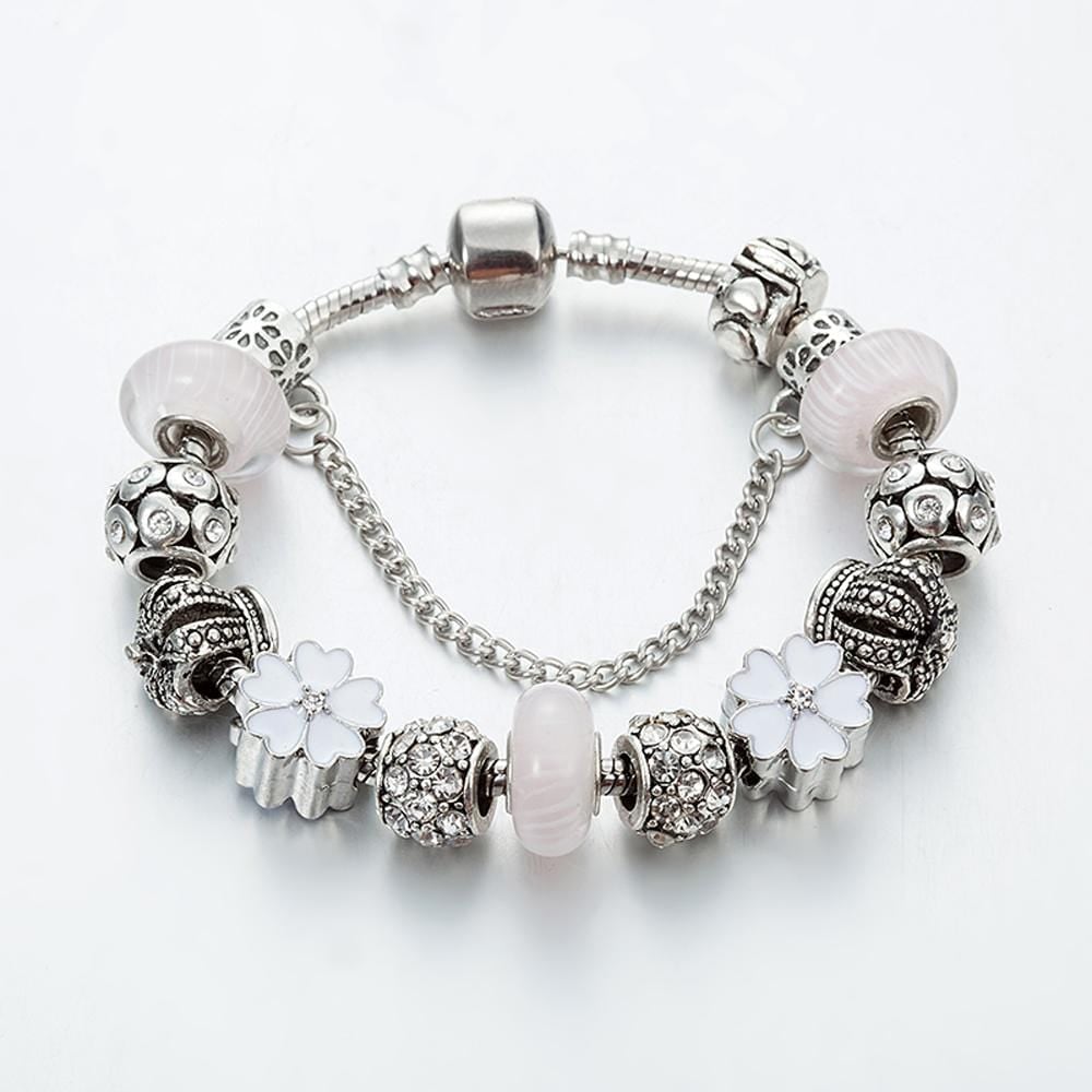 Pandora Inspired Full Set Beaded Charm Bracelet - White