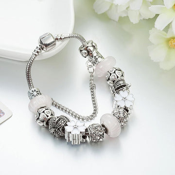 Pandora Inspired Full Set Beaded Charm Bracelet - White