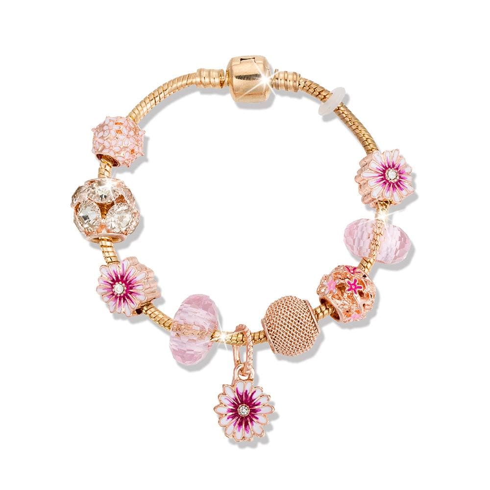 Pandora Inspired Full Set Beaded Charm Bracelet - Gold/ Pink