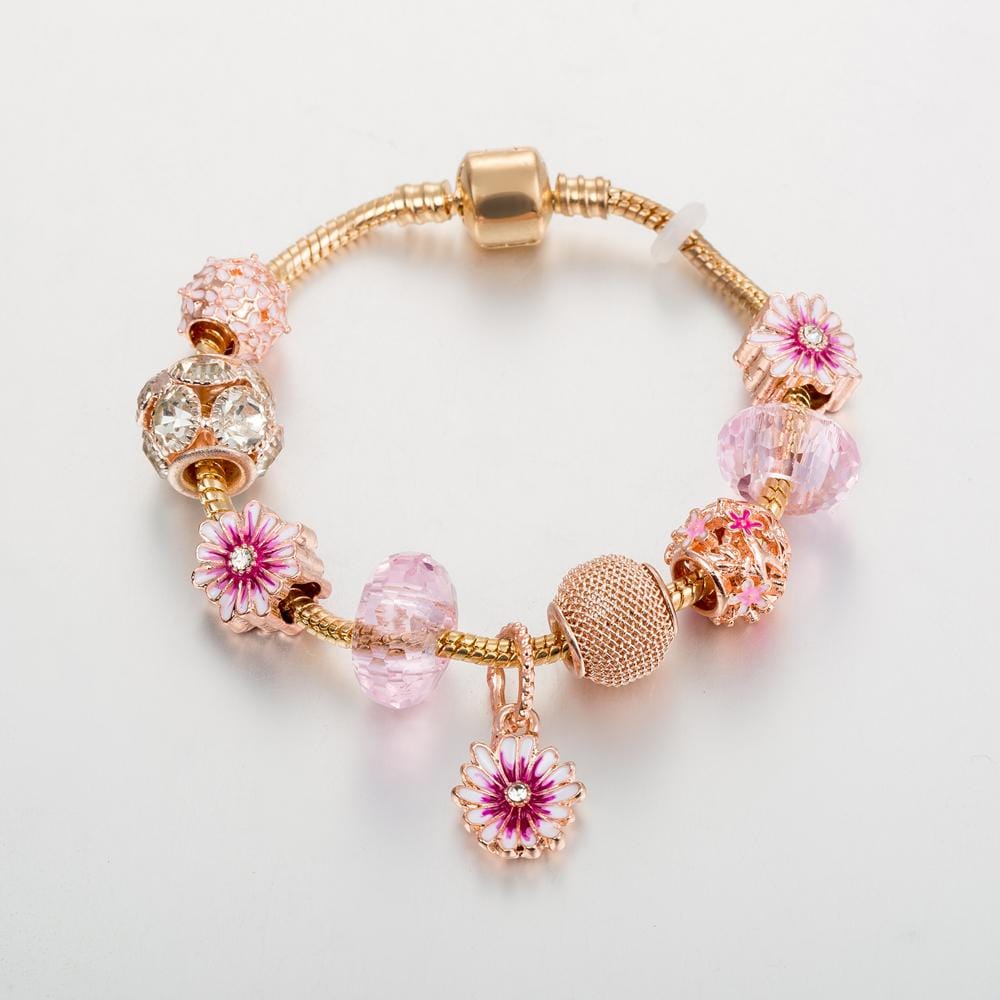 Pandora Inspired Full Set Beaded Charm Bracelet - Gold/ Pink
