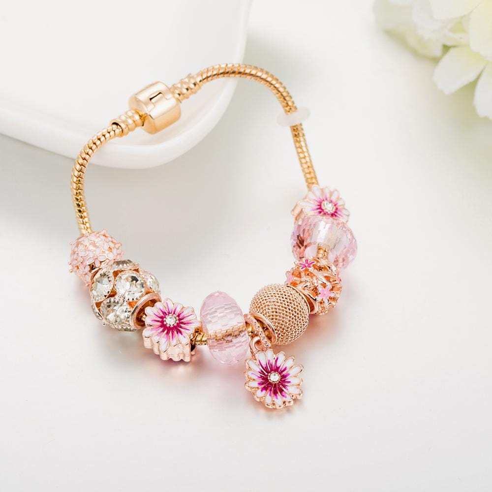 Pandora Inspired Full Set Beaded Charm Bracelet - Gold/ Pink