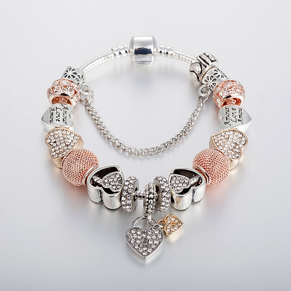 Pandora Inspired Full Set Beaded Charm Bracelet -  Pink/Orange