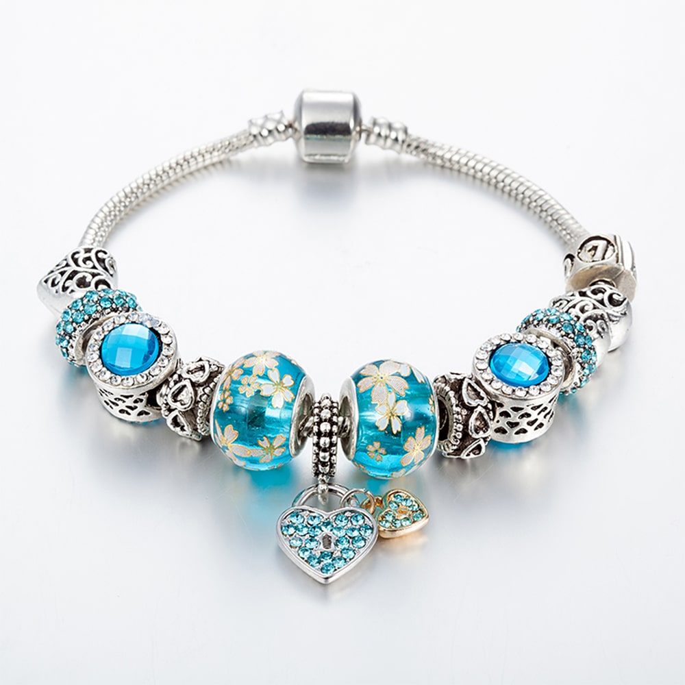 Pandora Inspired Full Set Beaded Charm Bracelet -  Silver/Blue