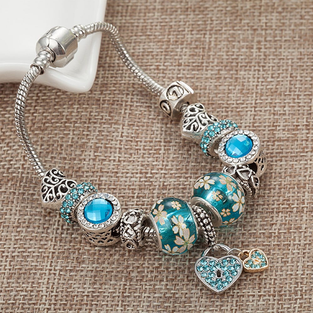 Pandora Inspired Full Set Beaded Charm Bracelet -  Silver/Blue