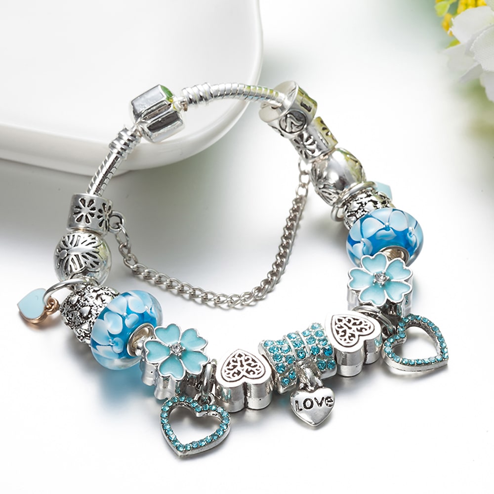 Pandora Inspired Full Set Beaded Charm Bracelet -  Silver/Blue
