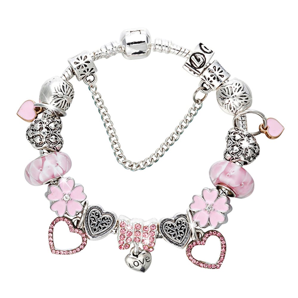 Pandora Inspired Full Set Beaded Charm Bracelet -  Silver/Pink