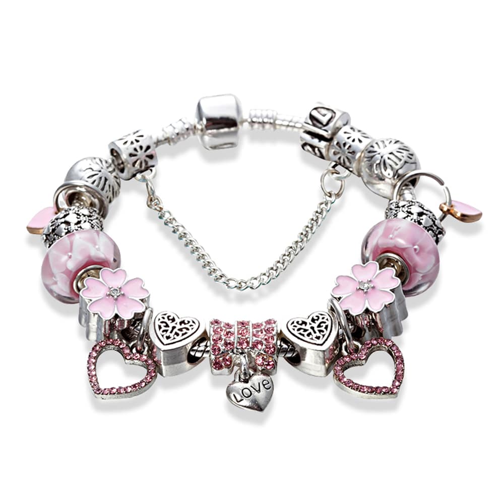 Pandora Inspired Full Set Beaded Charm Bracelet -  Silver/Pink