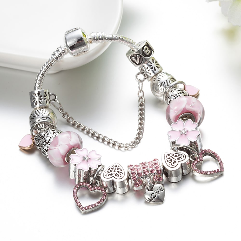 Pandora Inspired Full Set Beaded Charm Bracelet -  Silver/Pink