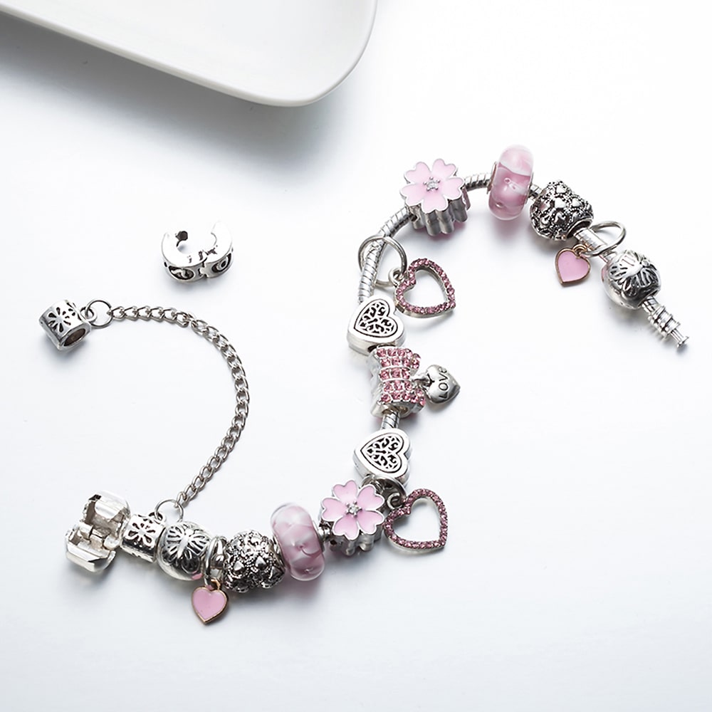 Pandora Inspired Full Set Beaded Charm Bracelet -  Silver/Pink