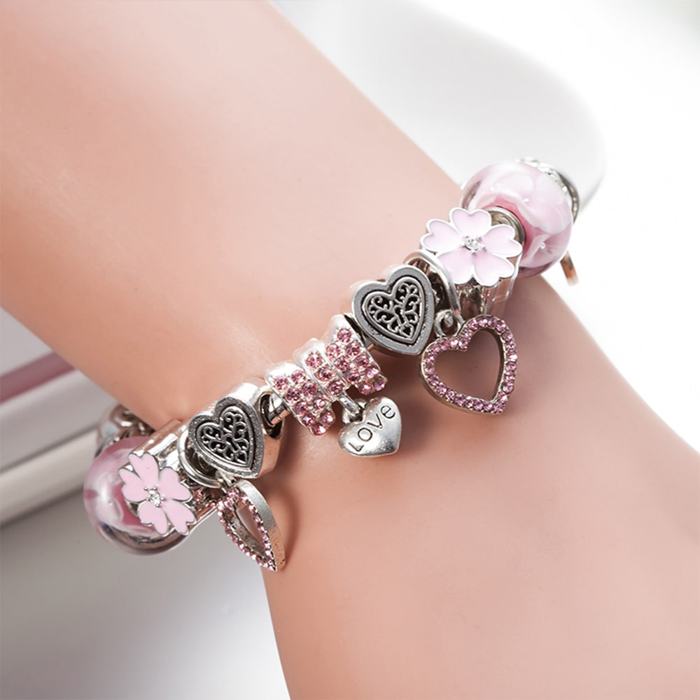 Pandora Inspired Full Set Beaded Charm Bracelet -  Silver/Pink