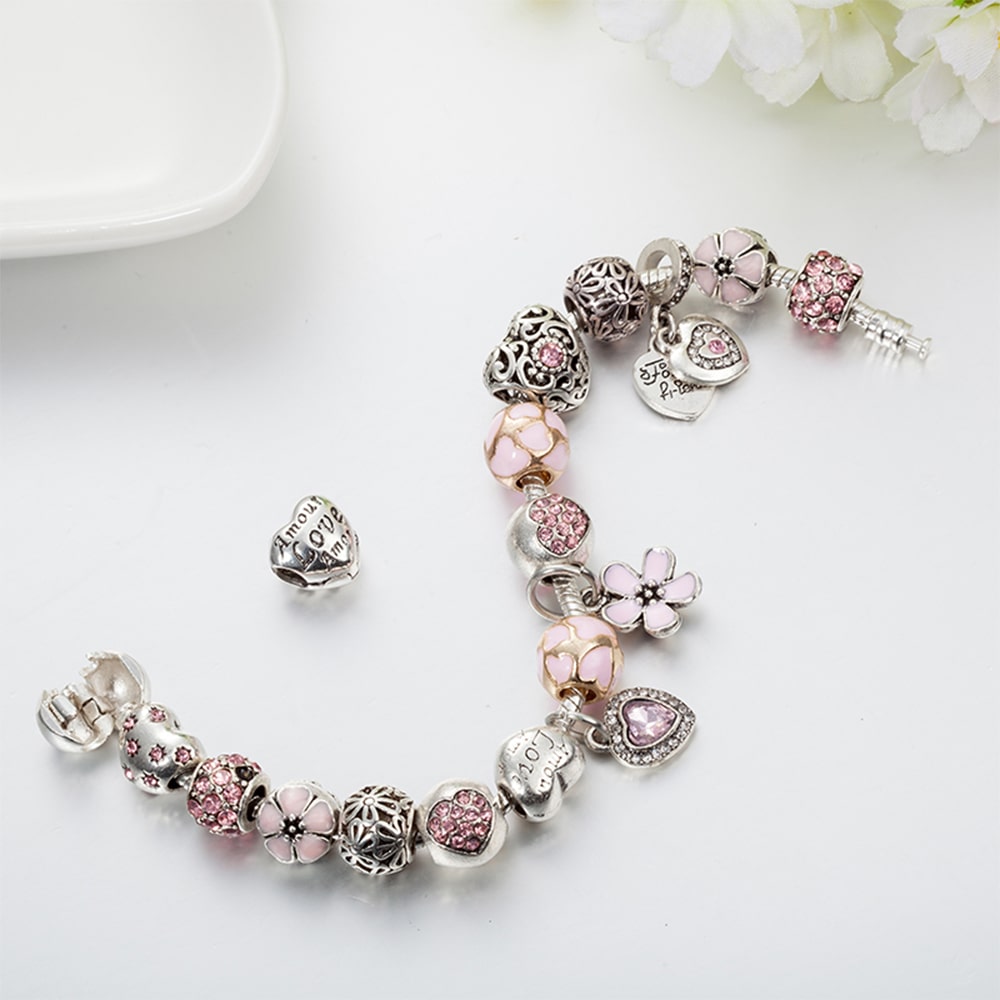 Pandora Inspired Full Set Beaded Charm Bracelet -  Silver/Orange