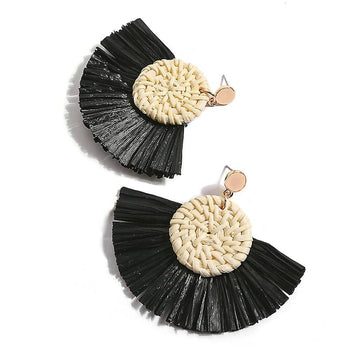 Im A Fan Black Raffia Earrings - Brilliant Co