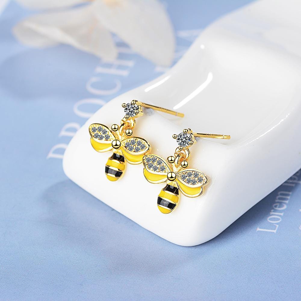 Golden Honey Bee Dangle Earrings-Yellow Gold/Multicolor - Brilliant Co