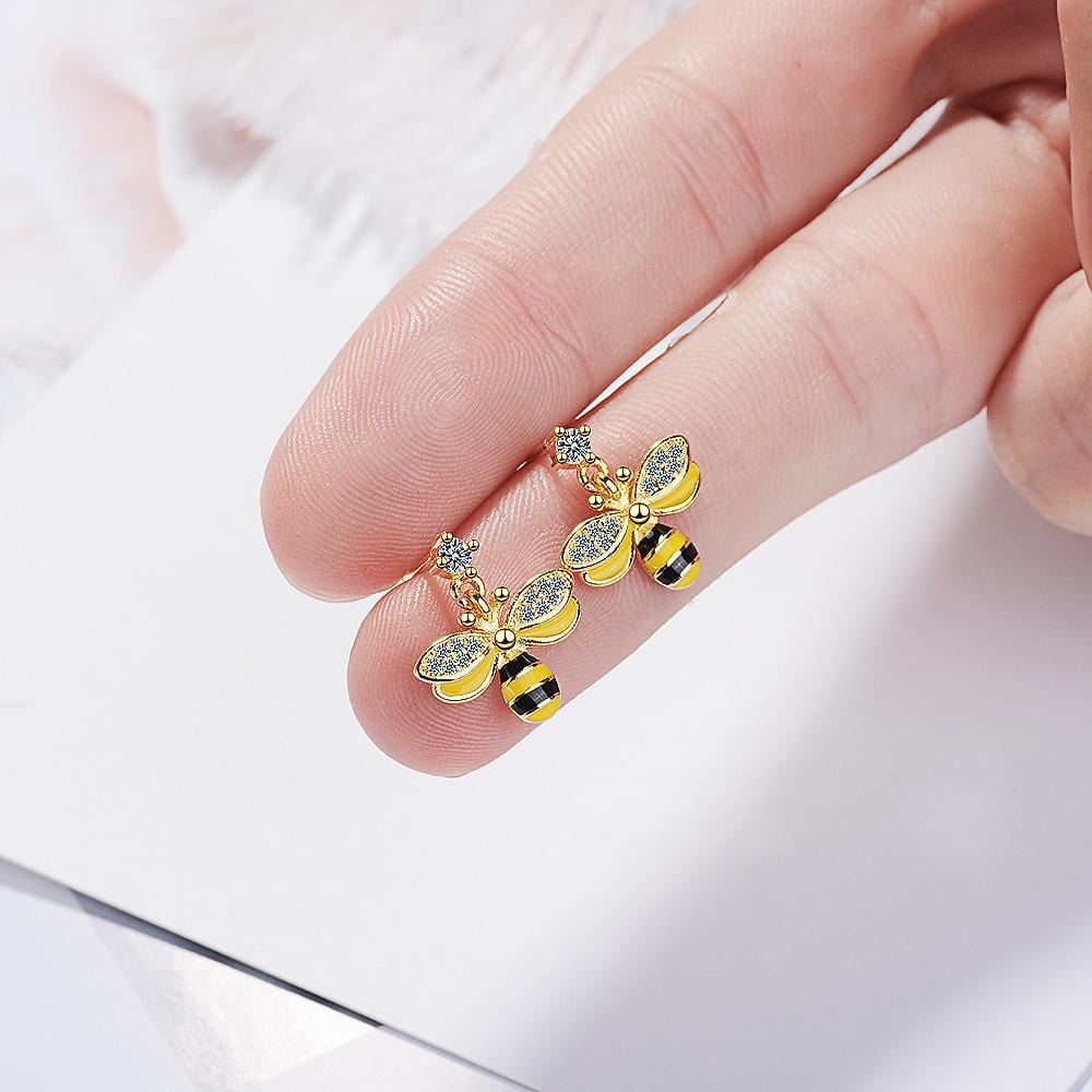 Golden Honey Bee Dangle Earrings-Yellow Gold/Multicolor - Brilliant Co
