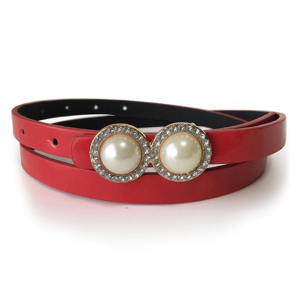 Leather Belt With Pearls & Crystals Red - Brilliant Co