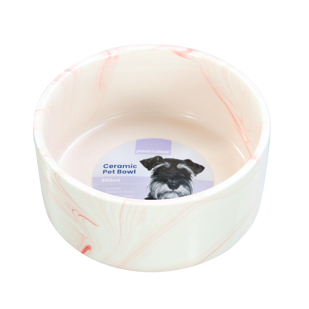 Paws & Claws CERAMIC PET BOWL MARBLE 16CM 950ML 2 ASSTD GREY/PINK