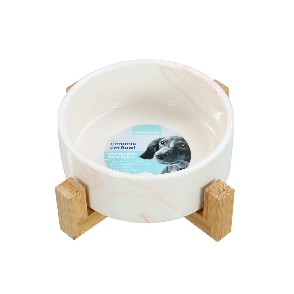 Paws & Claws 380ML CERAMIC PET BOWL MARBLE WITH BAMBOO STAND - PINK
