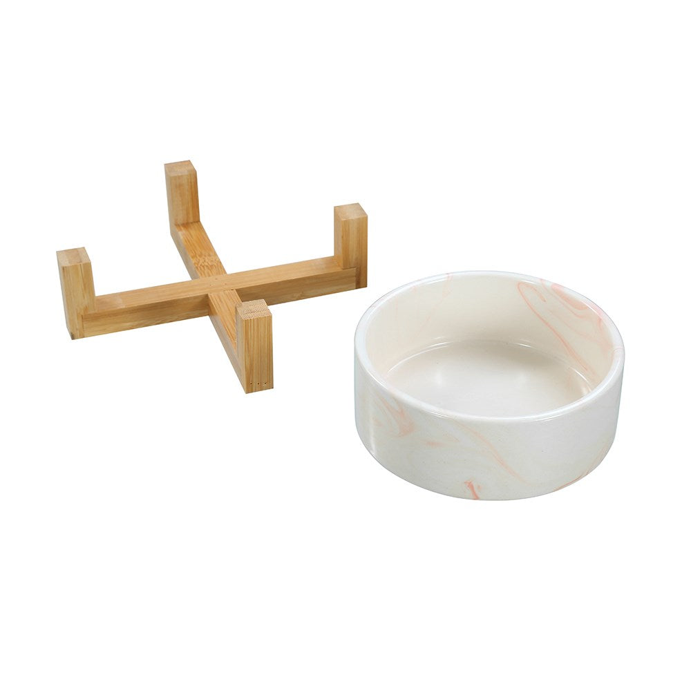 Paws & Claws 380ML CERAMIC PET BOWL MARBLE WITH BAMBOO STAND - PINK