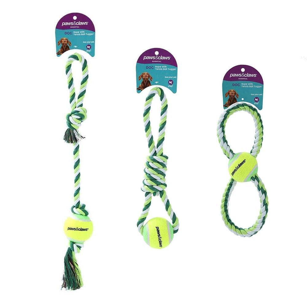 Paws & Claws  GREEN ROPE & TENNIS BALL TUGGER 3PCS - Brilliant Co