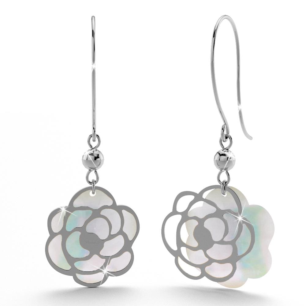 18ct White Gold Floral Mother of Pearls Drop Earrings - Brilliant Co