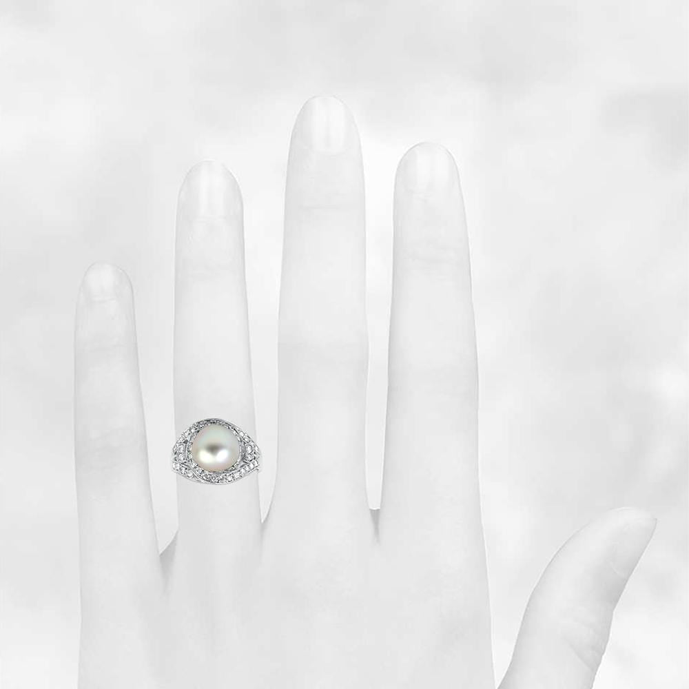 14ct White Gold 12mm Round Akoya Pearl & 1.25ct Diamond Ring
