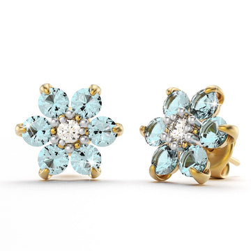 9ct Yellow Gold 0.65ct Aquamarine & Diamond Floral Earrings - Brilliant Co