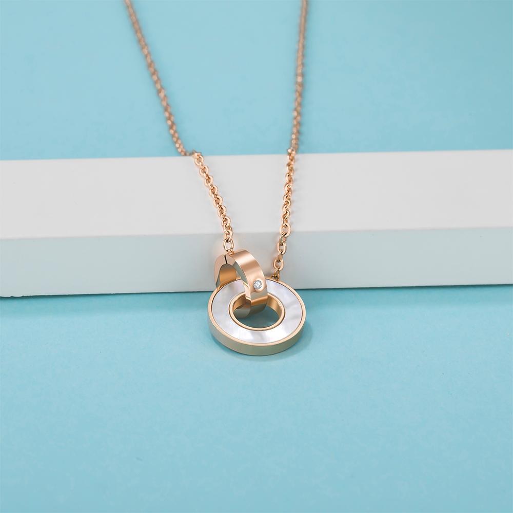 Genuine Single Diamond Set Roman Numerals &amp; MOP Shell Dial Necklace Rose Gold Titanium - Brilliant Co