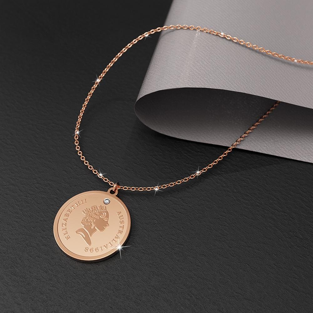 Genuine Single Diamond Set Queen E Medallion Necklace Rose Gold Titanium