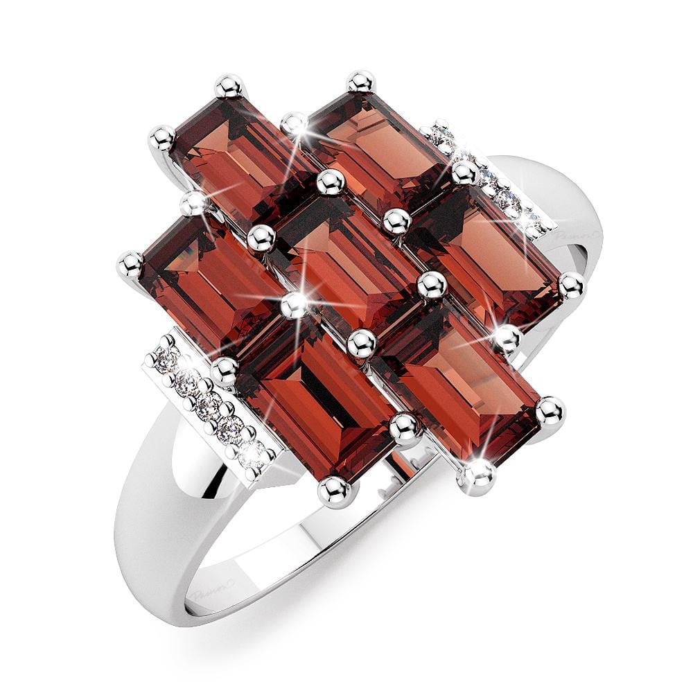 Solid Sterling Silver Baguette Red Garnet with White Topaz Ring