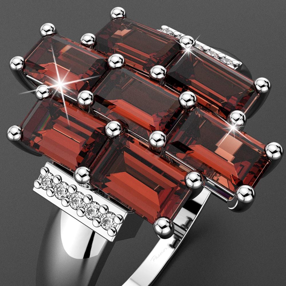 Solid Sterling Silver Baguette Red Garnet with White Topaz Ring