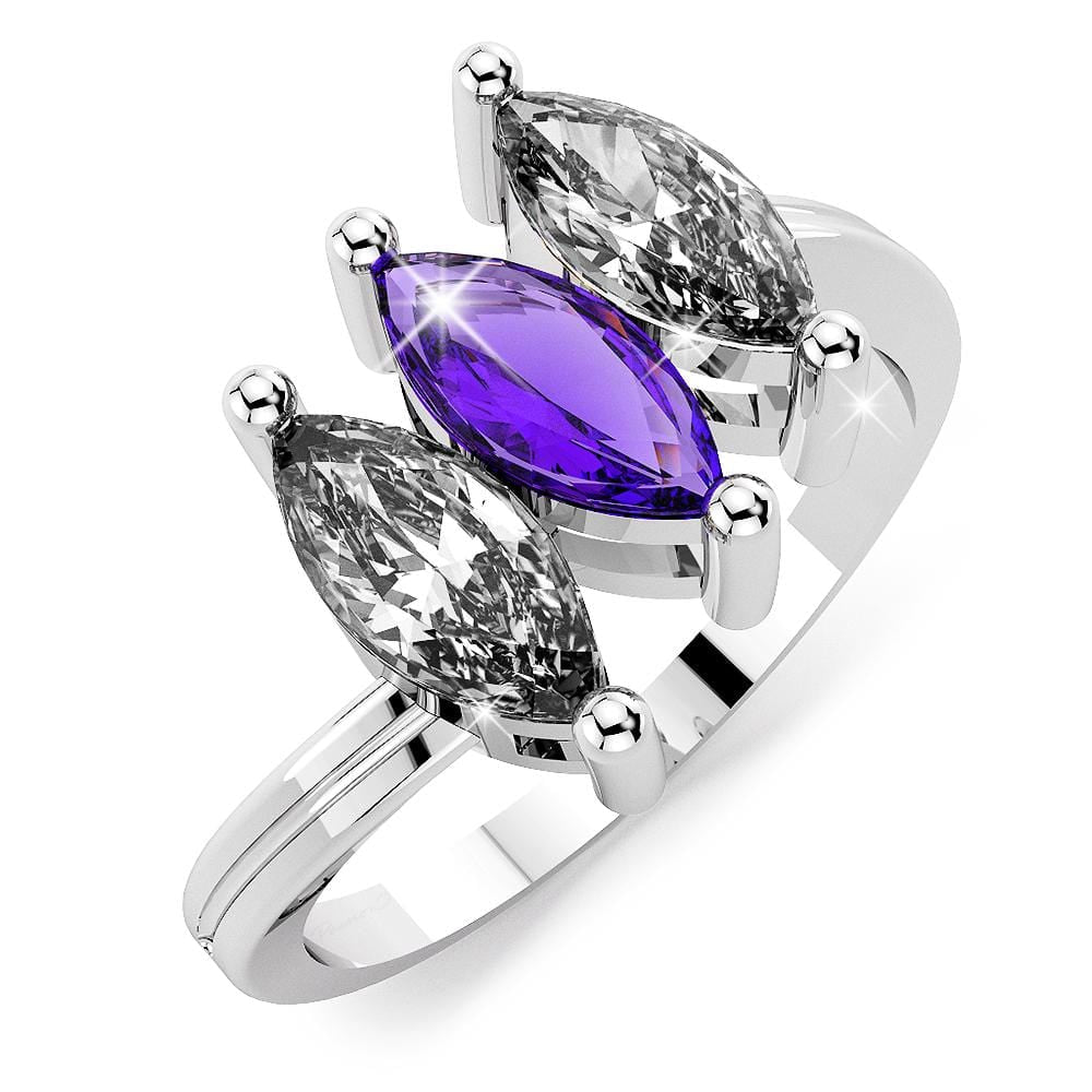 Solid Sterling Silver Marquise Cut Amethyst with White Topaz Ring