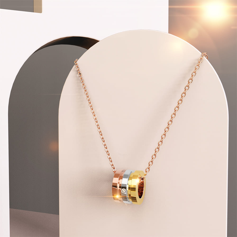 Boxed Contemporary Touch Tri-Tone Pendant Necklace and Bangle Set in Rose Gold