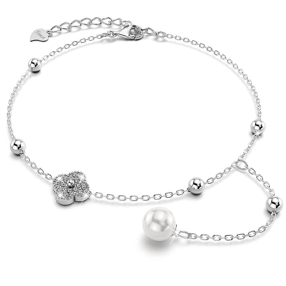 Solid 925 Sterling Silver Diamonelle Clover Pearl Charm Bracelet