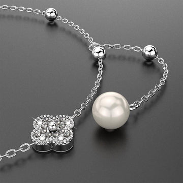 Solid 925 Sterling Silver Diamonelle Clover Pearl Charm Bracelet