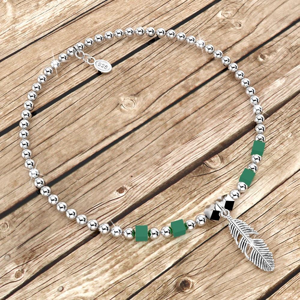 Solid 925 Sterling Silver Turquoise Gemstone & Leaf Charm Bead Bracelet