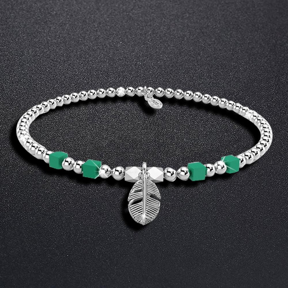 Solid 925 Sterling Silver Turquoise Gemstone & Leaf Charm Bead Bracelet