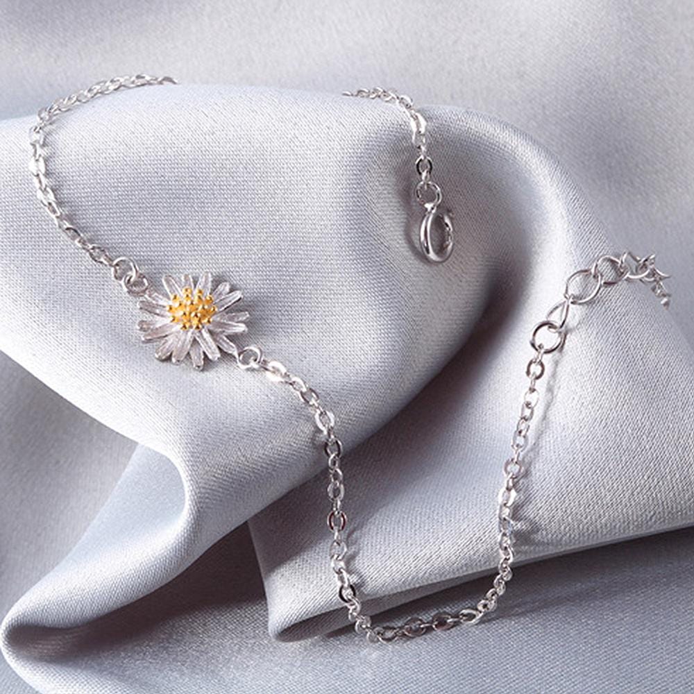 Solid 925 Sterling Silver White Chamomile Flower Bracelet