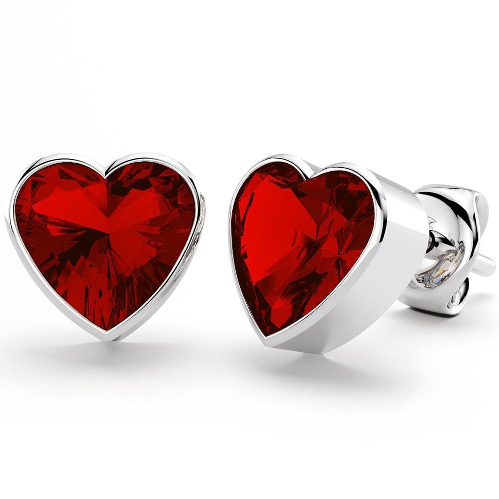 Solid 925 Sterling Silver Heart Bezel Studs Red