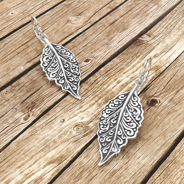 Solid 925 Sterling Silver Oxidised Large Leaf Dangle Earrings