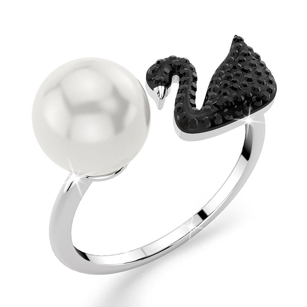 Solid 925 Sterling Silver Jet Swan Pearl Ring - Brilliant Co