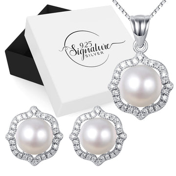 Solid 925 Sterling Silver Natural Pearl Pendant & Earrings Set