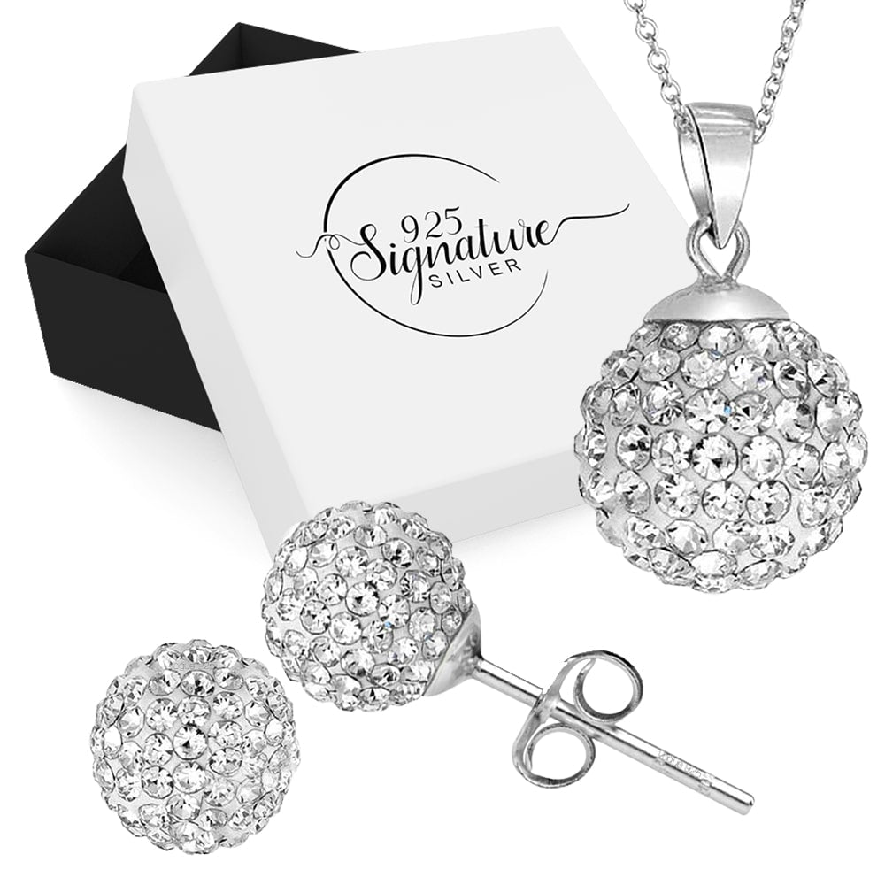 Solid 925 Sterling Silver Shamballa Pendant And Earrings Set