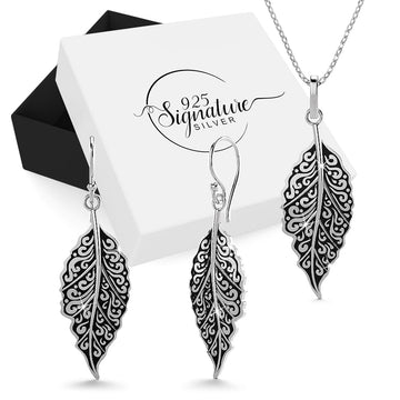 Boxed Solid 925 Sterling Silver Antiqued Feather Leaf Set