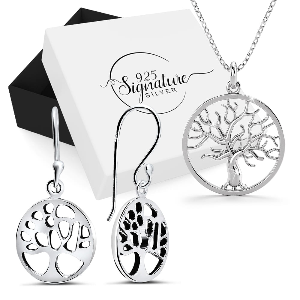 Boxed Solid 925 Sterling Silver Tree of Life Necklace and Earrings Set