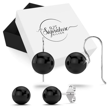 Boxed Solid 925 Sterling Silver Black Agate Genuine Gemstone Earrings 2 Pair Set